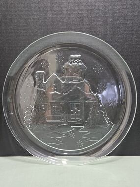 Vintage Arcoroc France Christmas Clear Glass Platter 13 Inch Winter Cottage